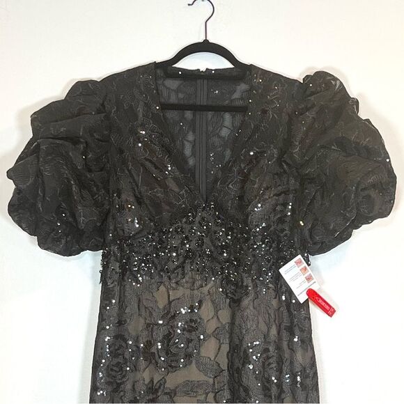$598 Mac Duggal 12440 Size 10 Black Floral Lace Puff Sleeve V-Neck Midi Dress - Picture 6 of 11